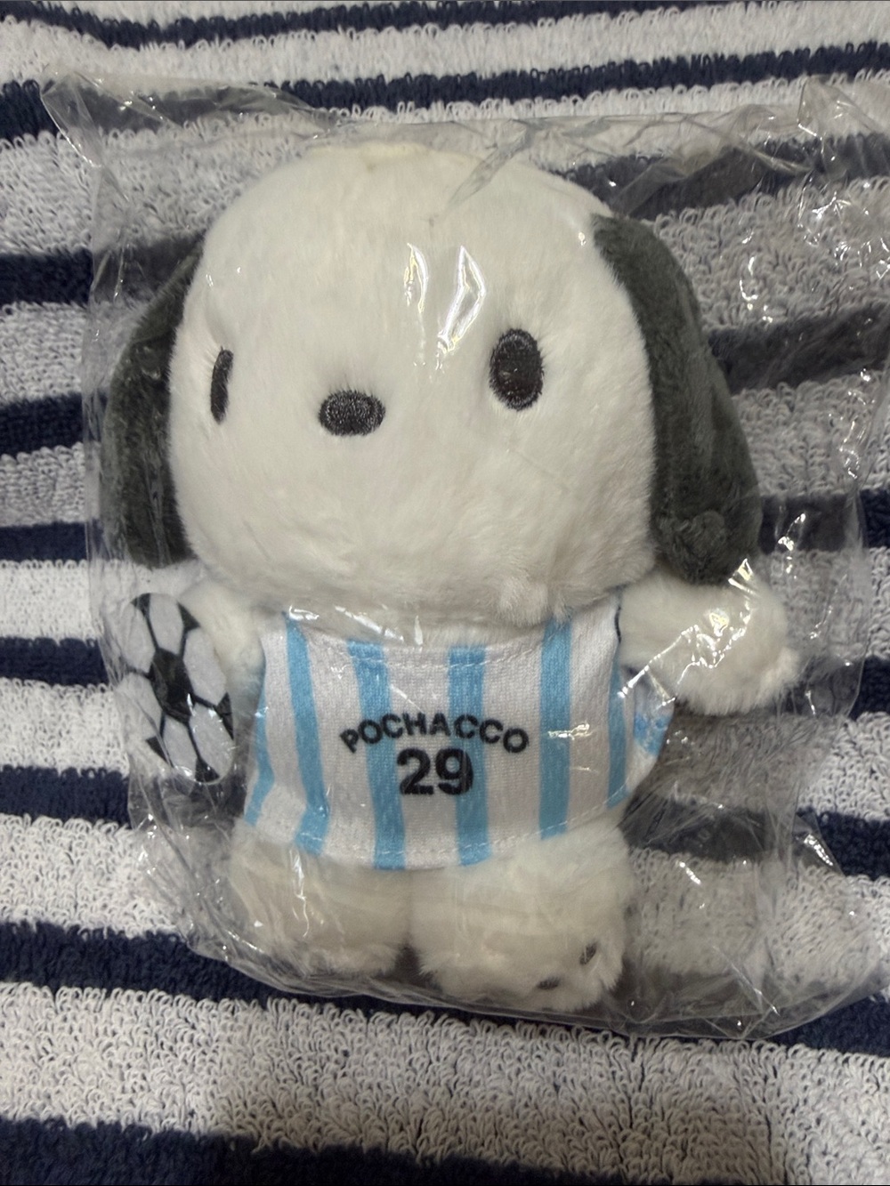 Sanrio Pochacco Plush in White, Gray & Blue Striped Jersey
